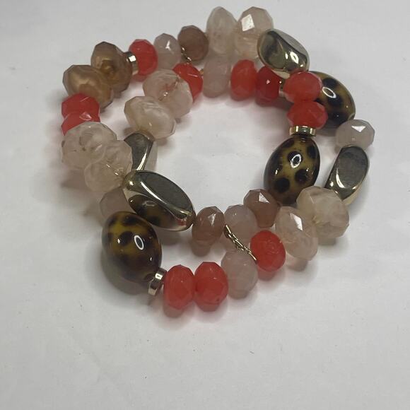 peach apricot and cheetah pattern beaded bracelet stretchy two strand pull on - Picture 1 of 9